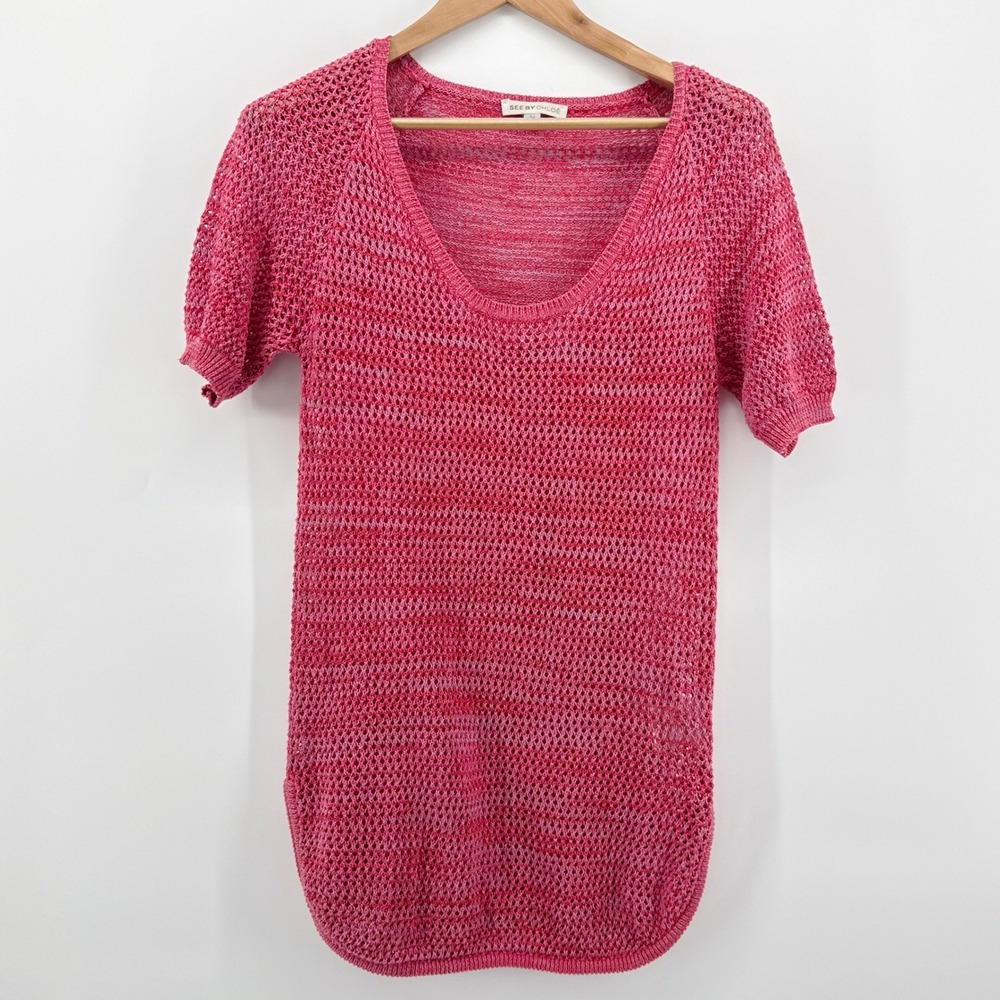 See by Chloé Fuchsia Pink Pointelle Knit Short Sleeve Sweater Scoop Neck EUC